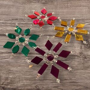 Vtg 80s Crystal Sunburst Mirrored Snowflake Ornaments Set of 4 Acrylic Jeweled
